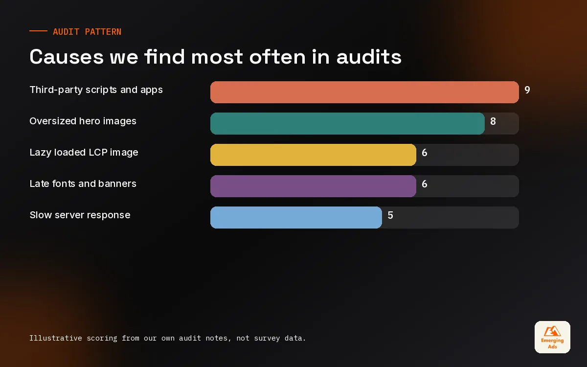 Bar chart ranking the core web vitals problems the EmergingAds SEO team finds most often in audits