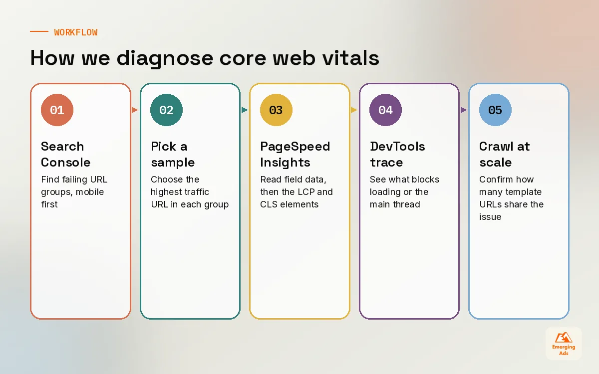 Five-step workflow for diagnosing core web vitals from Search Console to a template crawl