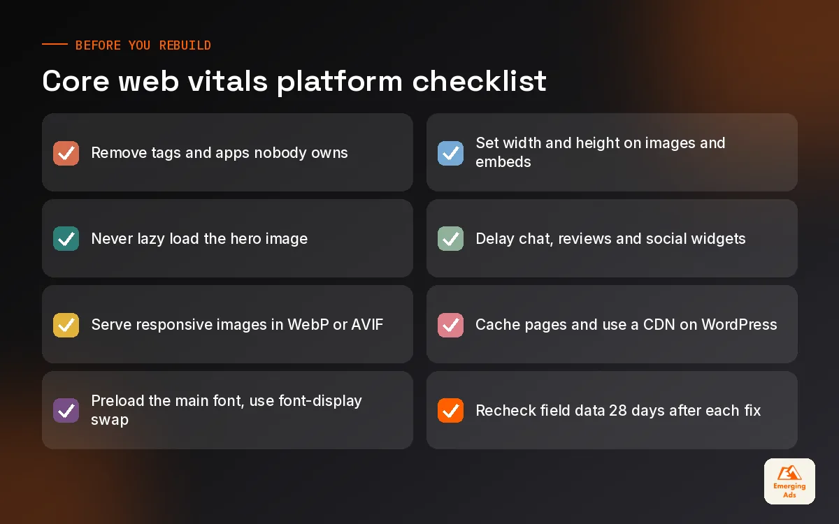 Checklist of core web vitals fixes for WordPress and Shopify sites