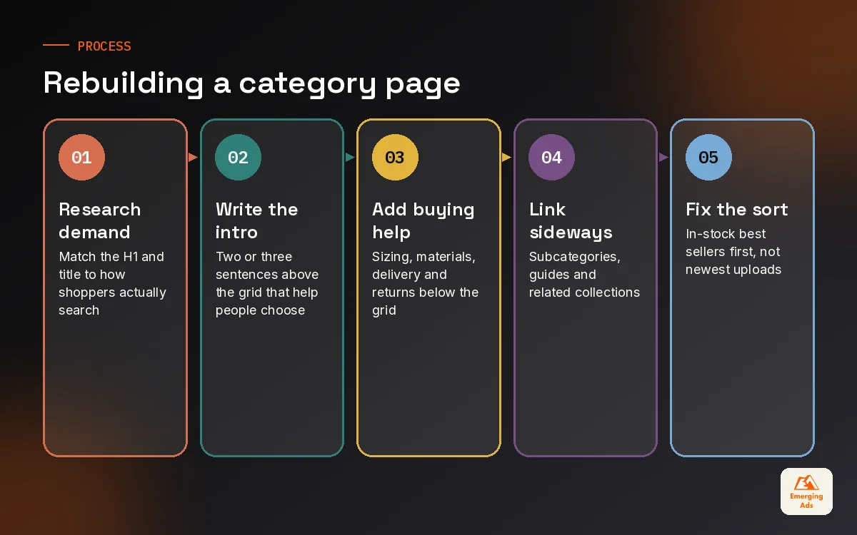 Steps for rebuilding an ecommerce category page from research to internal links