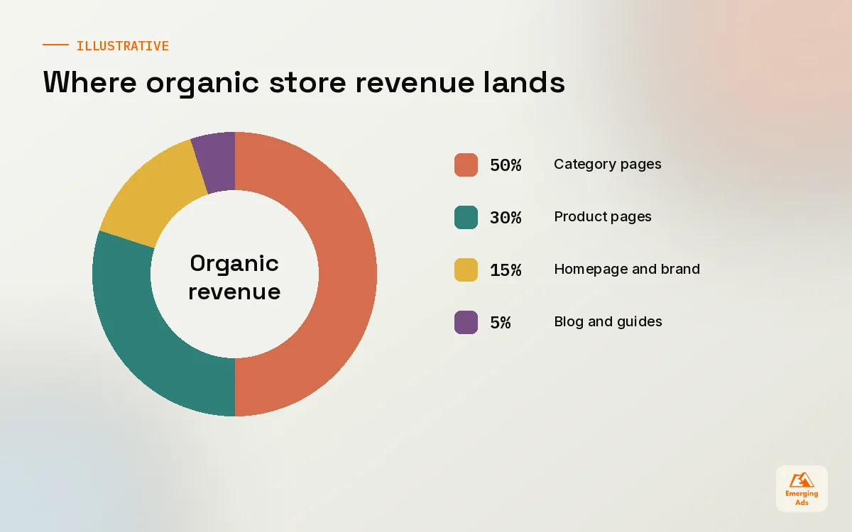 Donut chart showing organic revenue split between category pages, product pages, homepage and content on a typical store