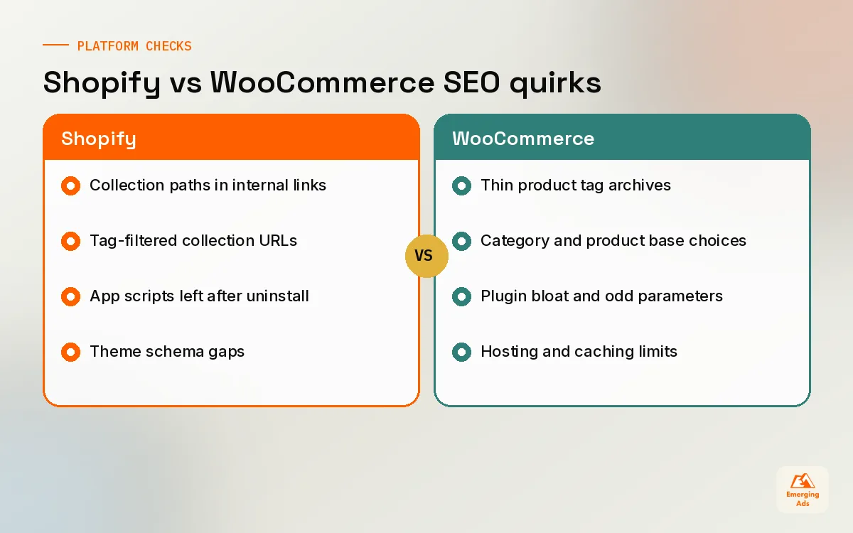 Comparison of common SEO issues on Shopify versus WooCommerce stores