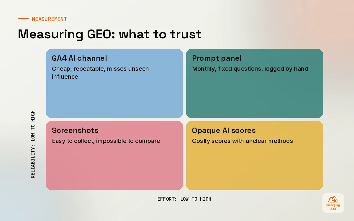 Matrix showing GEO measurement methods by effort and reliability, including GA4 AI channel, prompt panel, branded search and screenshots