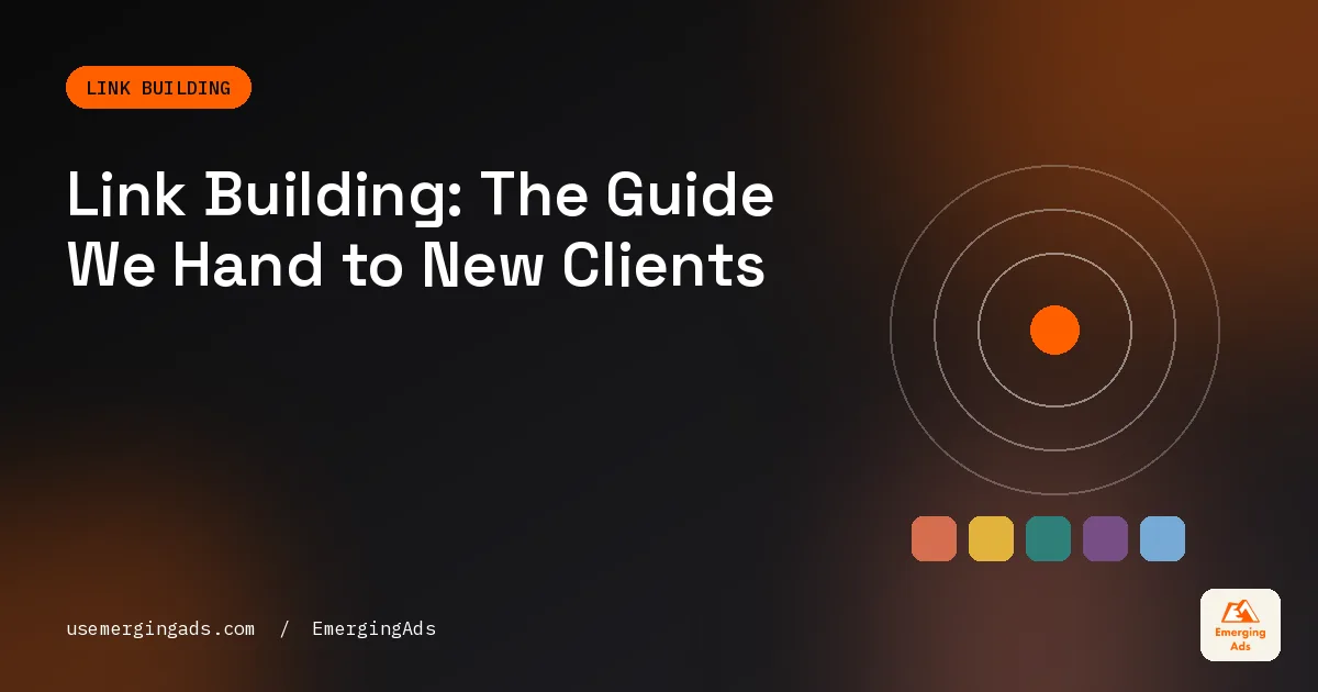 Link building guide cover showing links from publications, partners and resource pages pointing to a website
