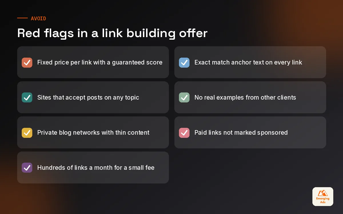 Checklist of red flags to spot in a link building offer or package