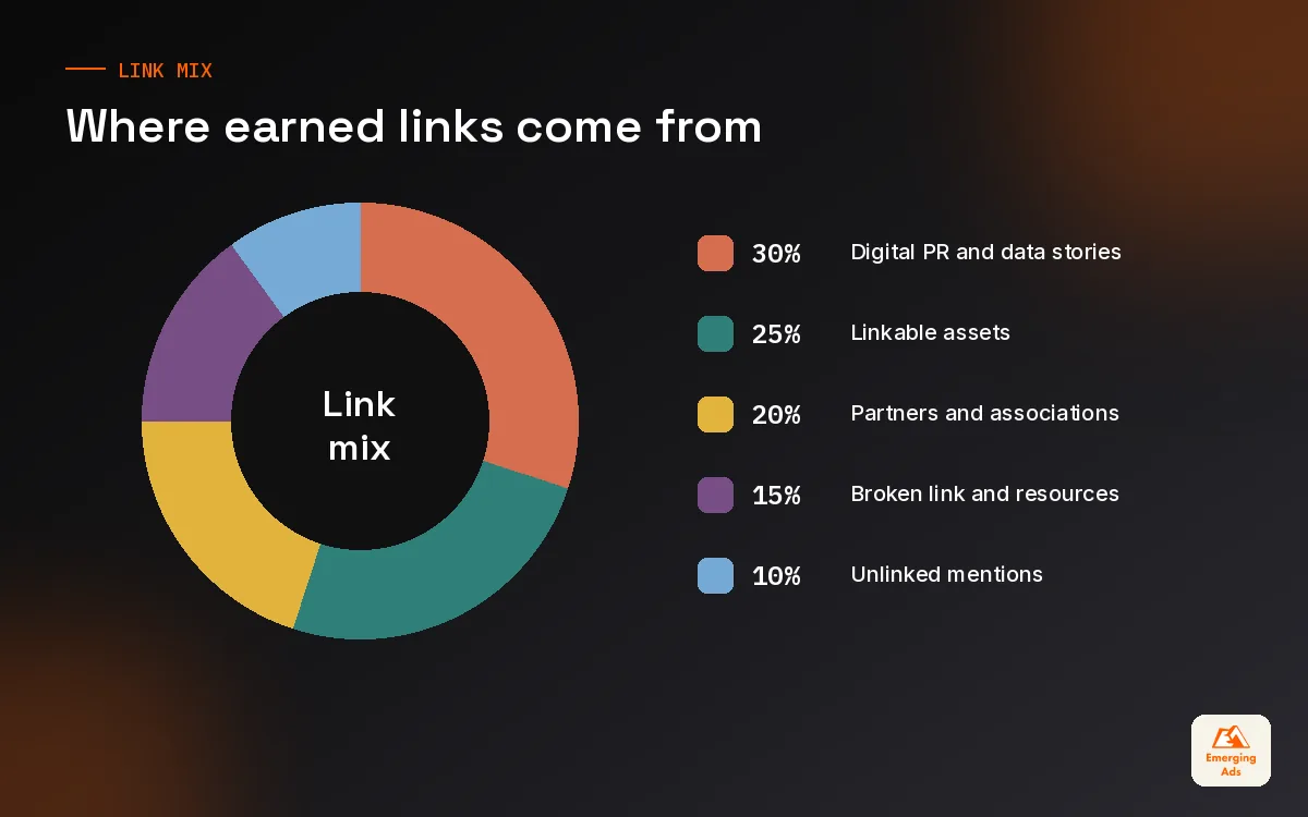 Donut chart of where earned links typically come from in a balanced link building programme