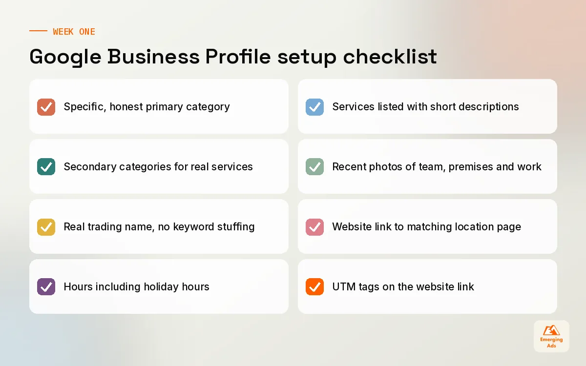 Checklist for Google Business Profile optimisation covering categories, hours, services, photos and UTM links