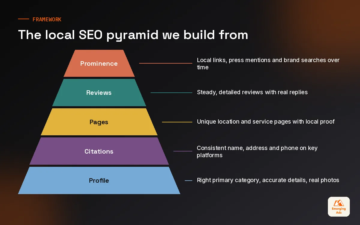 Pyramid of local SEO foundations from accurate business profile up to local links and prominence