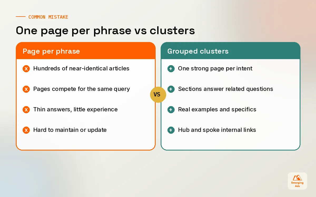 Comparison of a thin one-page-per-phrase approach against a consolidated long tail approach