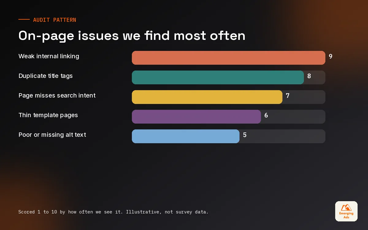 Bar chart of the on-page SEO issues we find most often in audits