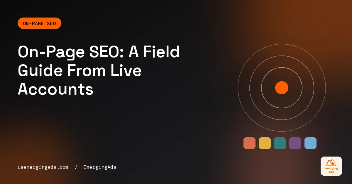 On-page SEO guide cover showing a web page annotated with title tag, headings, internal links and schema