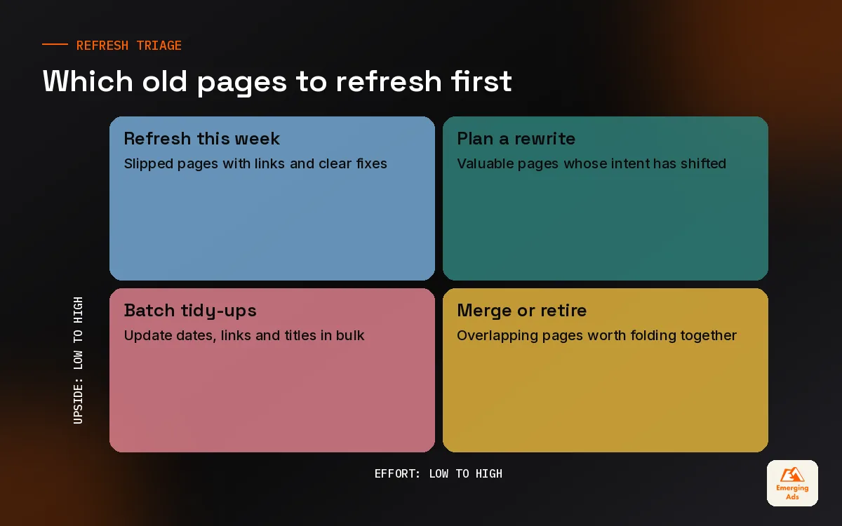 Matrix for prioritising which old pages to refresh by upside and effort