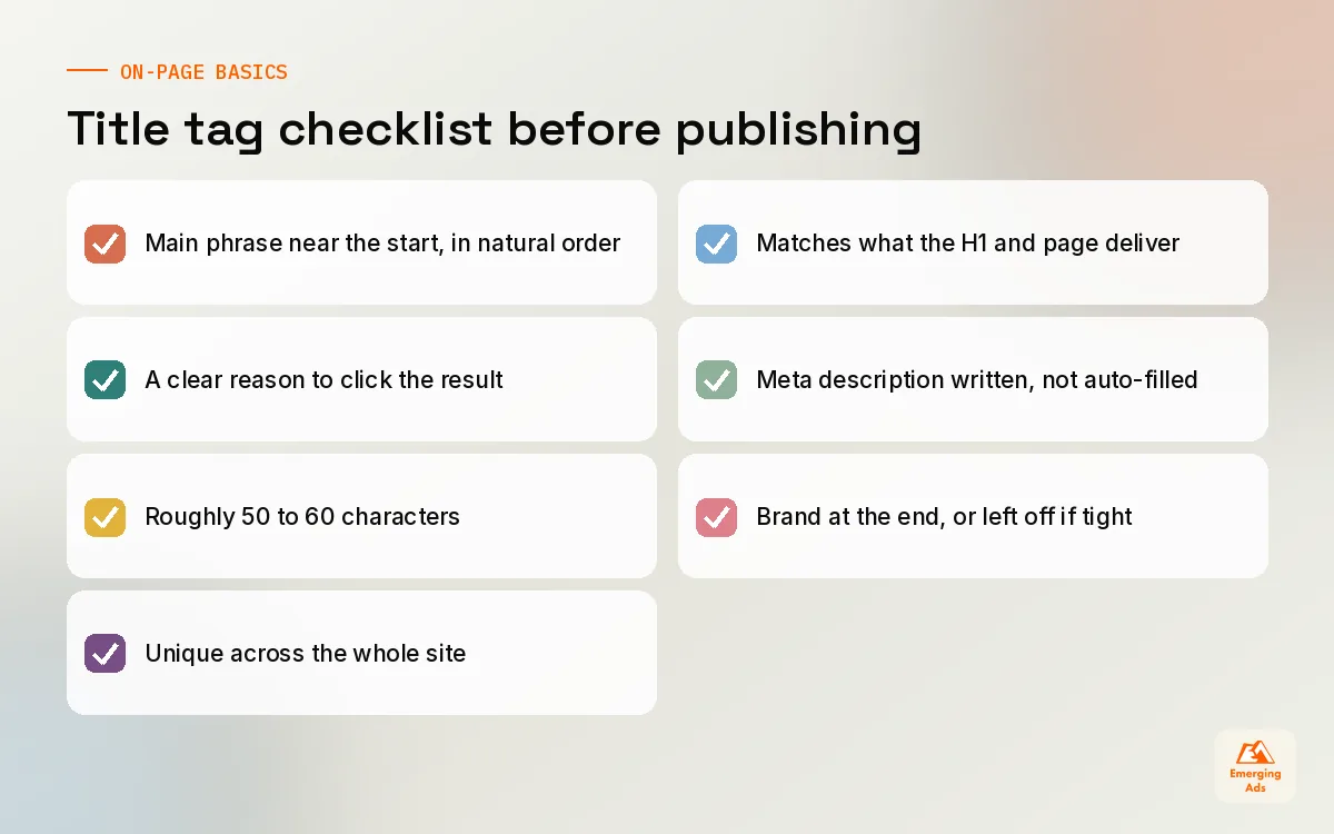 Checklist for writing title tags and meta descriptions before publishing a page