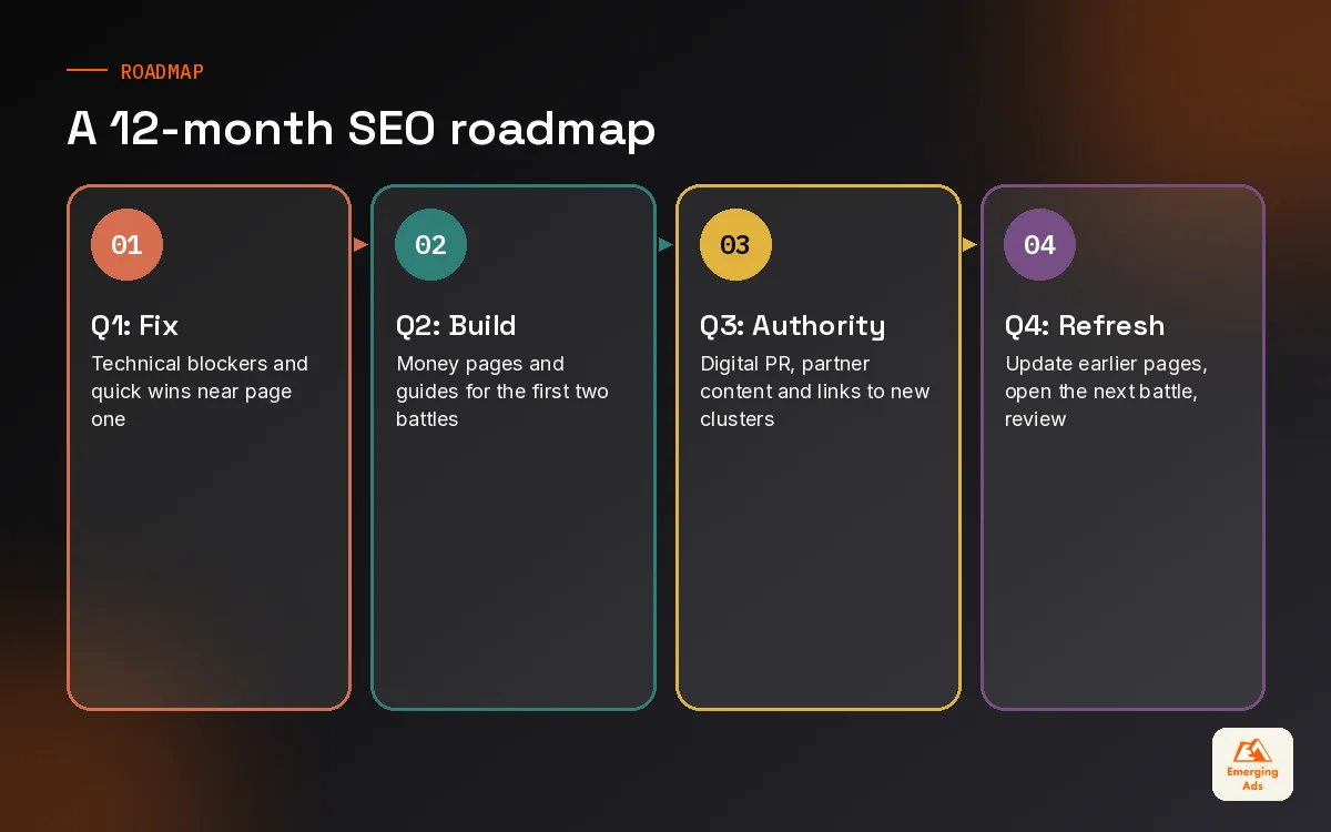 Steps diagram of a 12-month SEO roadmap by quarter