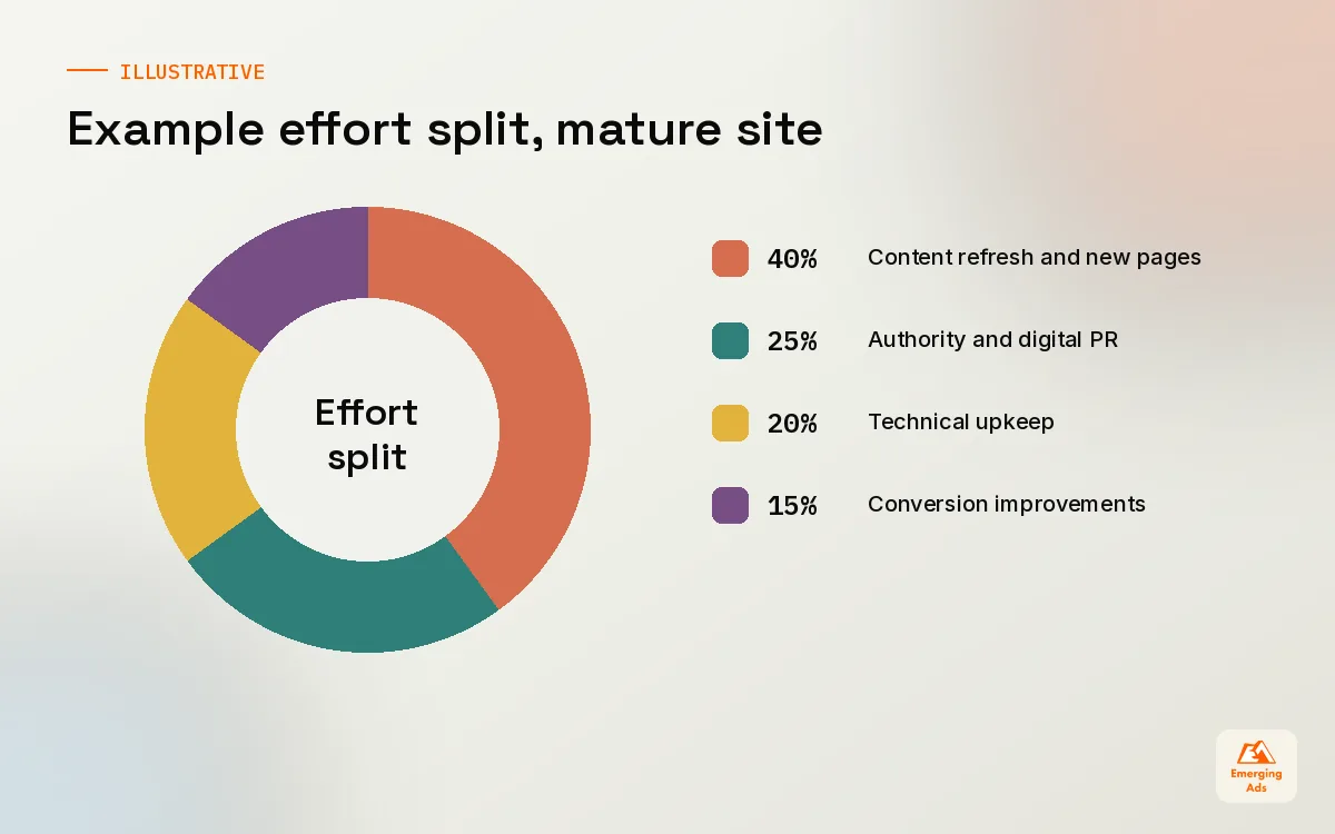 Donut chart showing an illustrative split of SEO effort across technical, content, authority and conversion work