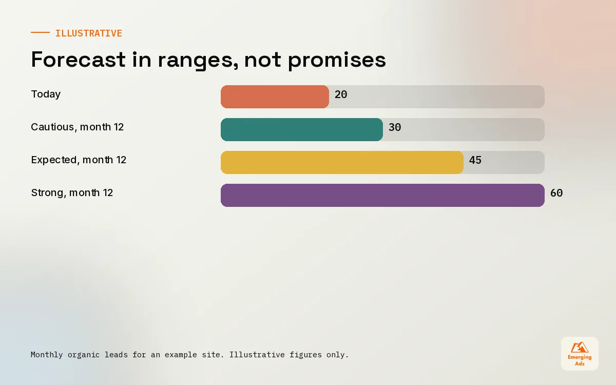 Bar chart showing cautious, expected and strong SEO forecast scenarios for monthly organic leads