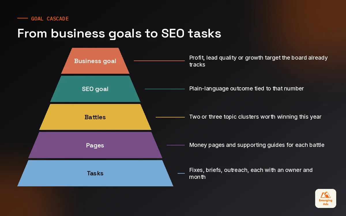 Pyramid linking business goals to SEO goals, topic battles, pages and tasks