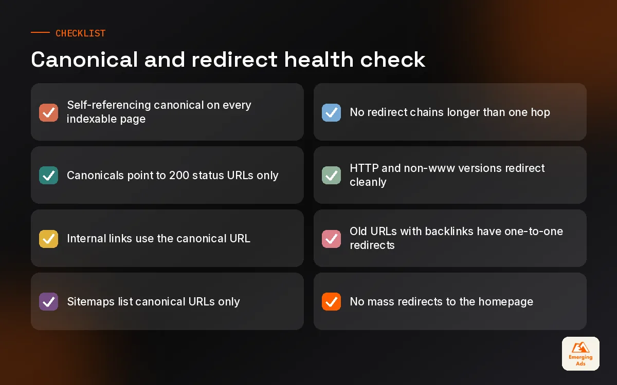 Checklist for canonical tags, redirects and duplicate URL hygiene