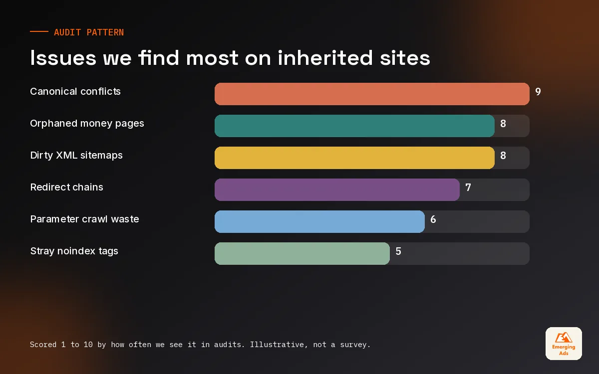 Bar chart of the technical SEO issues we most often find on inherited client sites