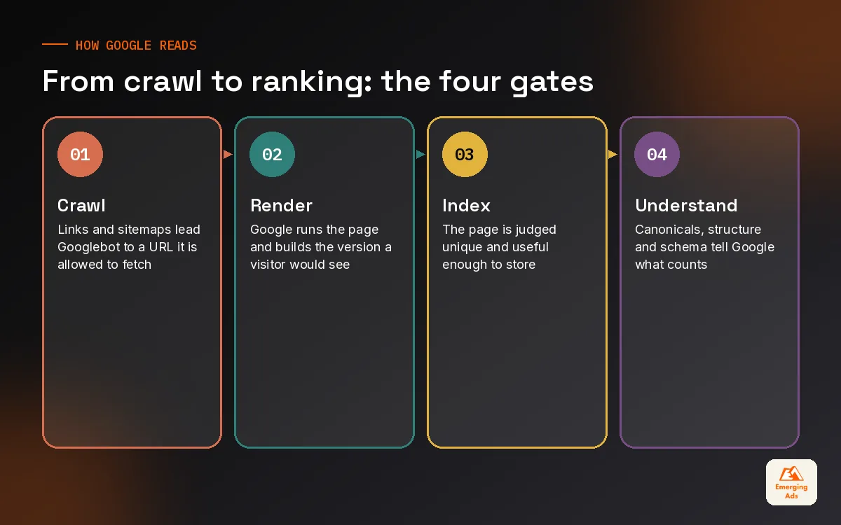 Four steps from crawling to rendering, indexing and understanding a page in technical SEO