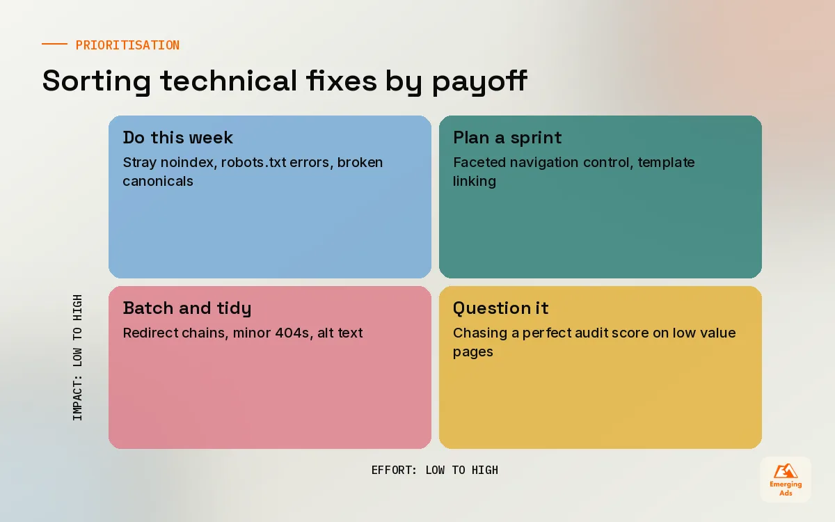Matrix plotting technical SEO fixes by effort and impact on indexed revenue pages