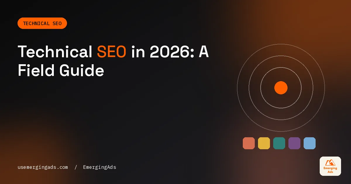 Technical SEO field guide cover showing crawling, rendering and indexing concepts
