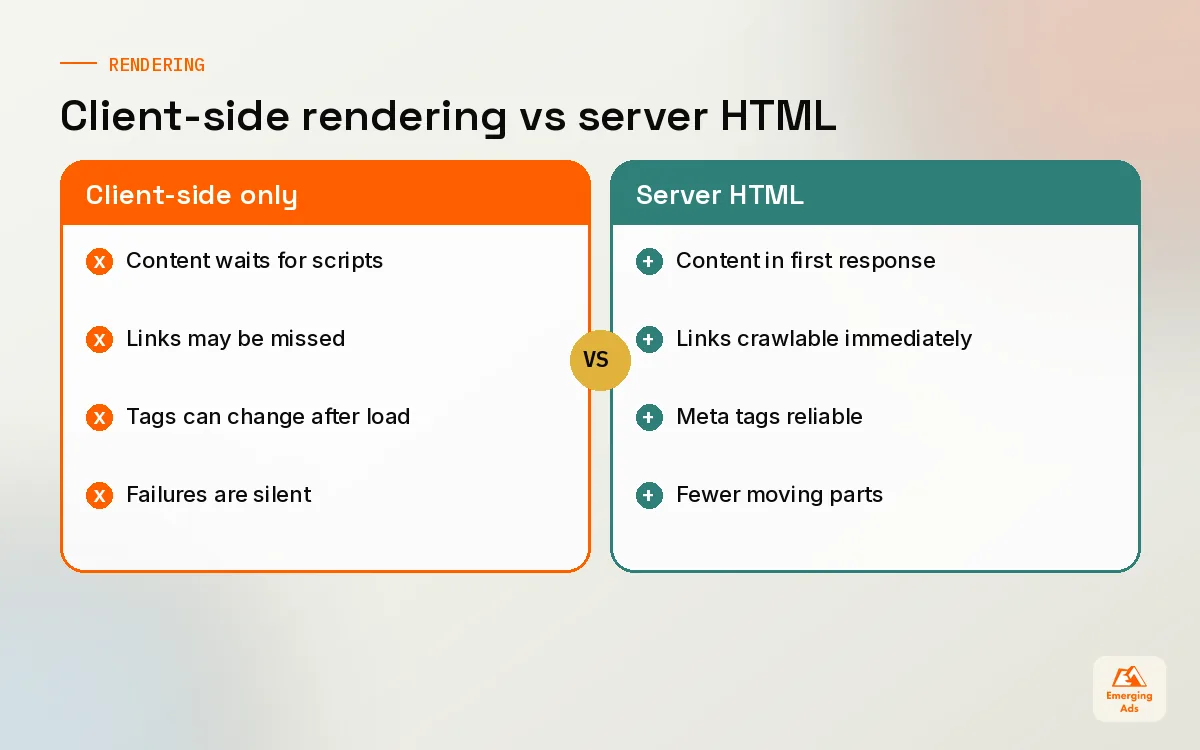 Comparison of client-side rendered pages and server-side rendered pages for technical SEO