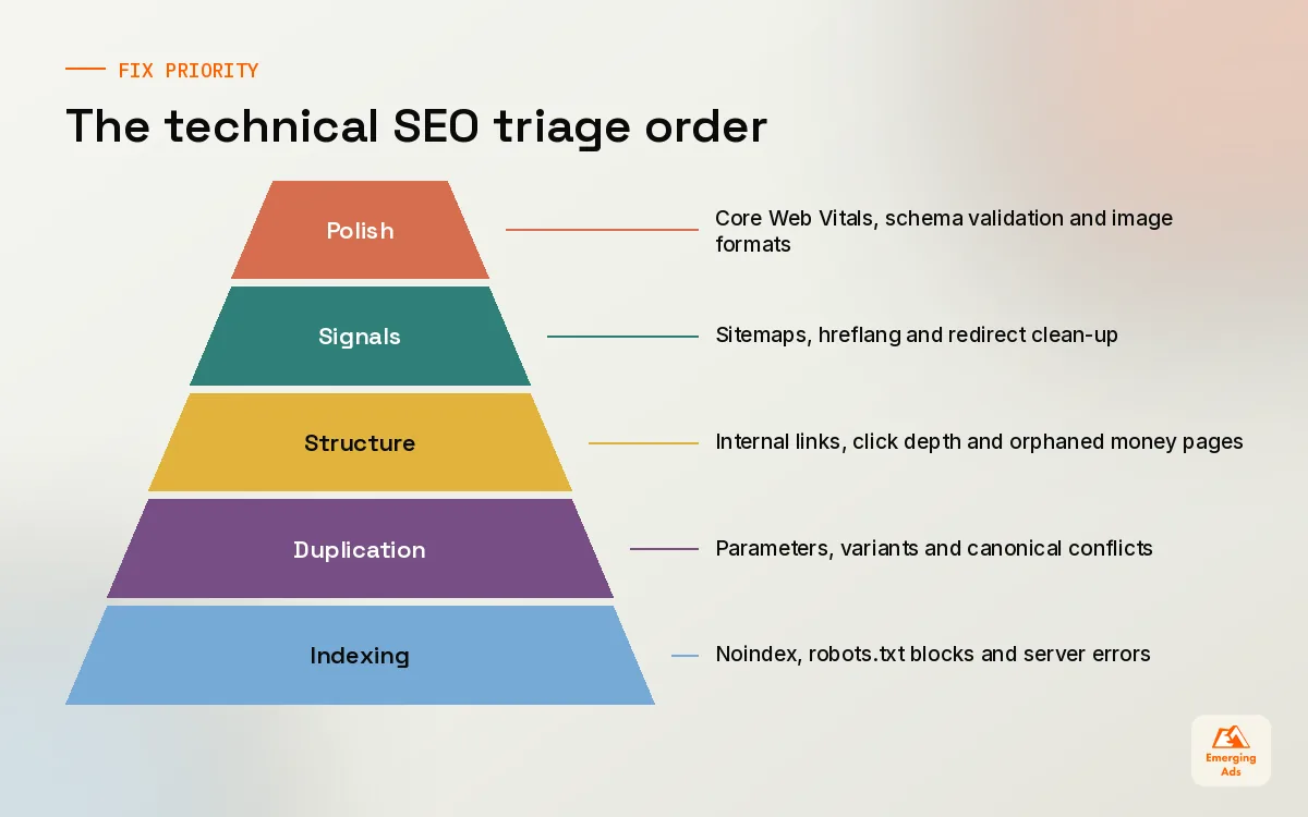 Pyramid showing the technical SEO triage order from indexing blockers to performance polish